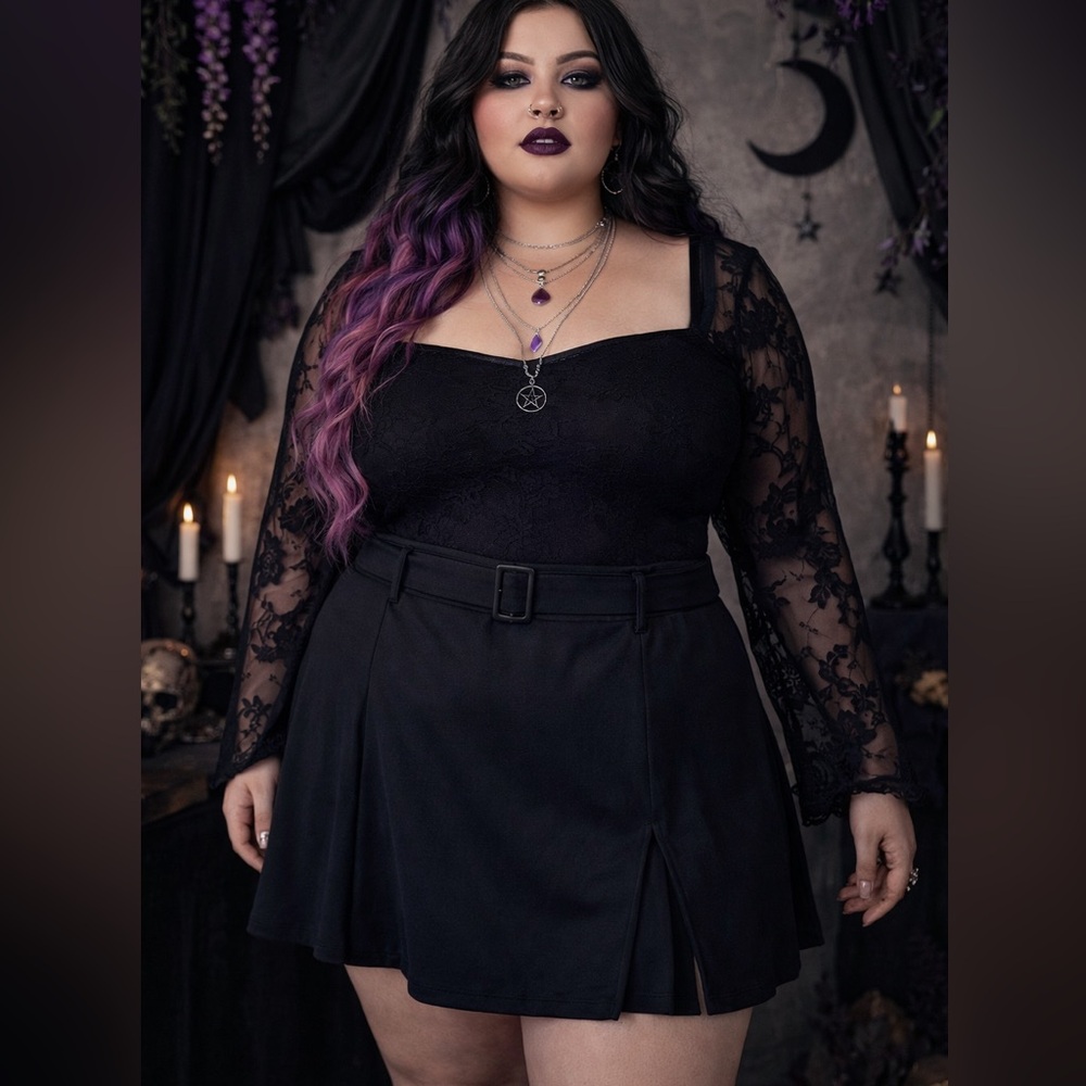 SO Black Luxe Self Belt Slit Academia Whimsigoth Mini Skirt Size 1X NWT